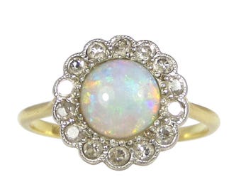 Edwardian Opal Diamond Cluster Ring, in 18ct Gold And Platinum, Antique Opal Engagement Ring, Opal Diamond Cluster Ring