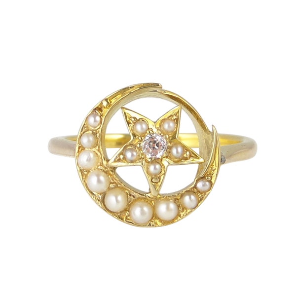 Edwardian Diamond And Seed Pearl Moon And Star Ring, In 9ct Gold, Star Ring, Moon Ring, Antique Pearl Ring, Antique Diamond Ring