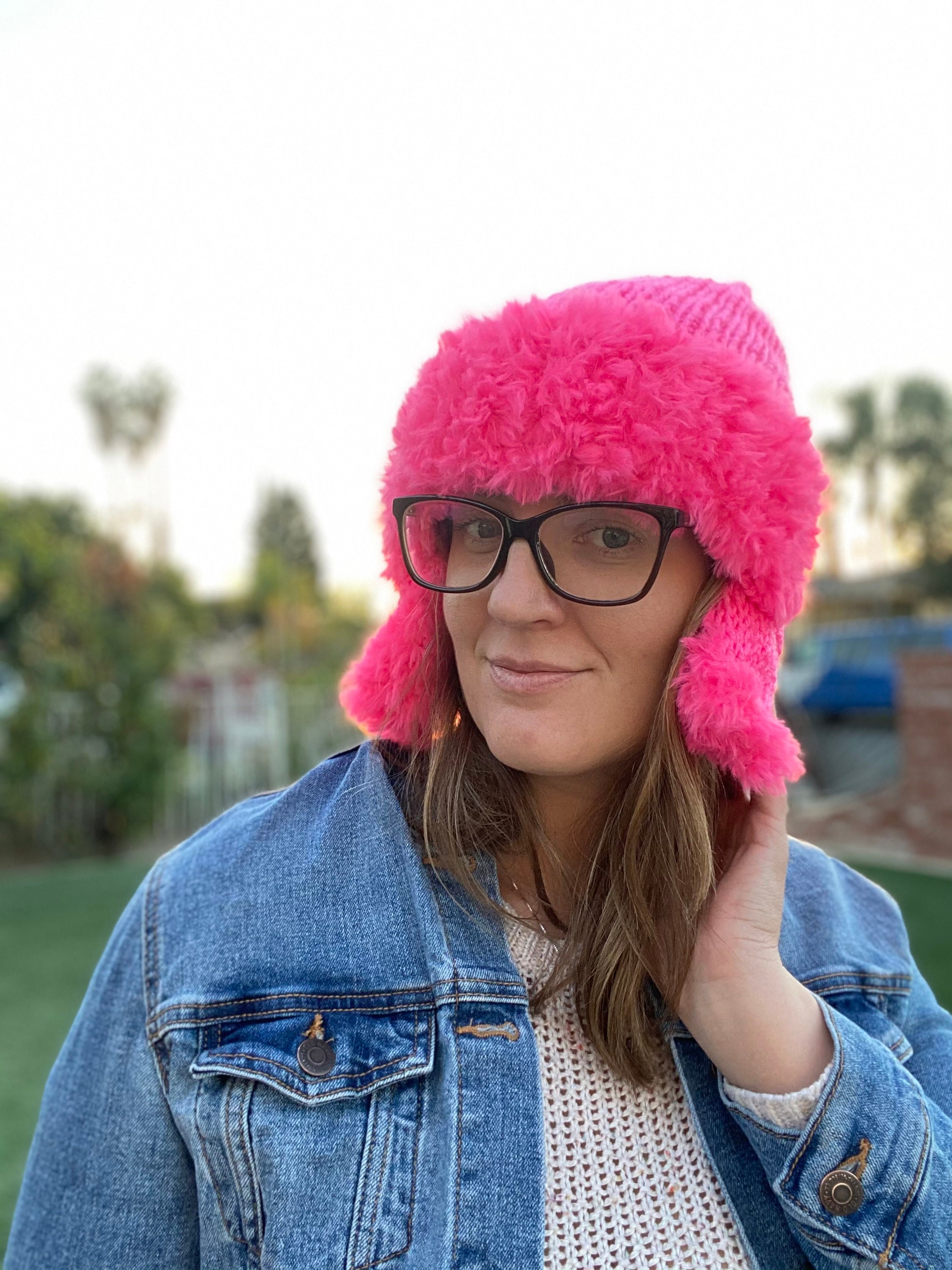 Pink Trapper Hat Knit Hat Trapper Hat Faux Fur Hat Crochet Etsy