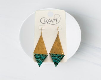 Leather &  Brass Triangle Earrings // Lightweight Earrings // Up-cycled Earrings