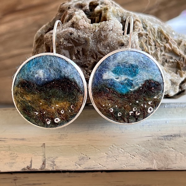 Silver Embroidery Earrings/art earrings/ tactile earrings / felted earrings/special gift / gift/for her/ jewellery/ natural motive