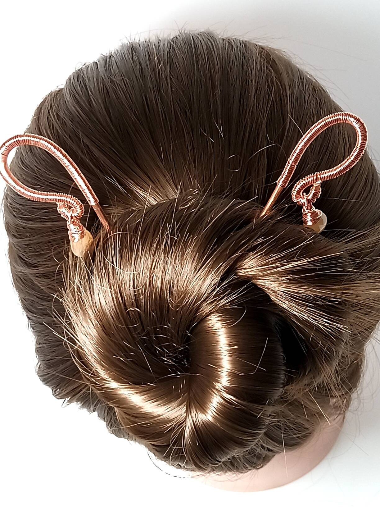 One Hammered Bare Copper Wire Wrapped Hair Sticks Peach