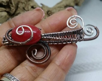 Gemstone tie clip  - red Jade wire wrapped tie bar unique men's gift wire weaved antique copper men's accessories gift for him