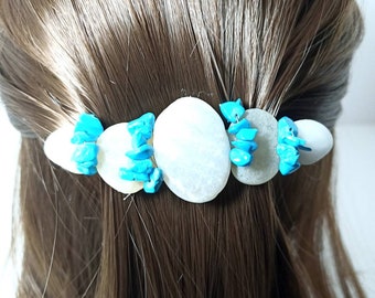 handmade Topsail Island NC beach stone quartz and turquoise how life chips hair barrette gift for her