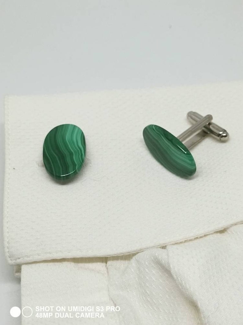 Malachite cufflinks organic men accessories gift for him oval green gemstone cufflinks stone silver