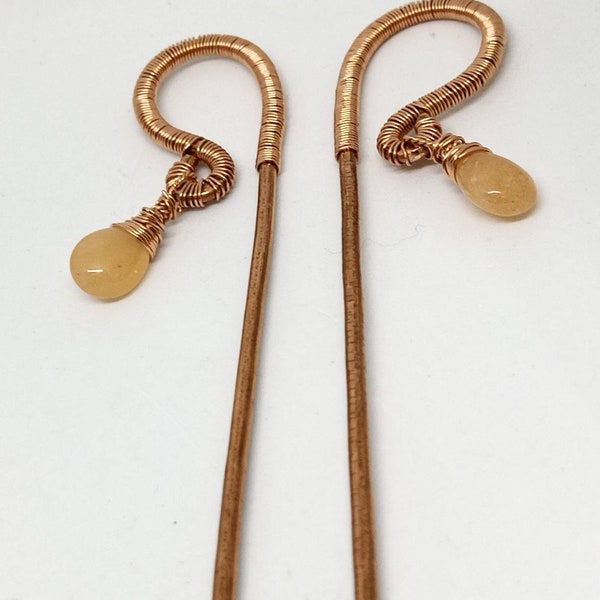 One hammered bare copper wire wrapped hair sticks peach aventurine boho style bridesmaids gift sisterlock hair accessory