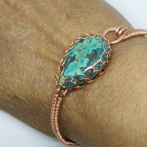 Chrysacolla wire weaved thick gauge bare copper  bracelet  wire wrapped unique boho gift hook and eye closure Viking weave bezel