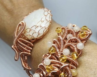 Handmade boho thick gauge bare copper wire wrapped weaved Topsail island quartz honey jasper citrine cuff bracelet gift statement jewelry