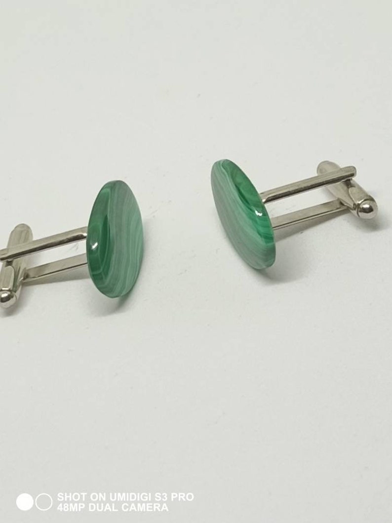 Malachite cufflinks organic men accessories gift for him oval green gemstone cufflinks stone silver