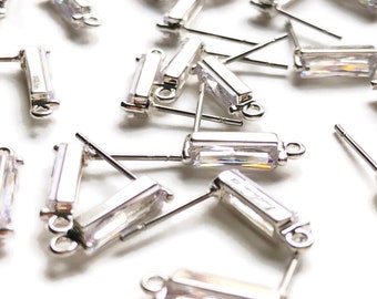 4 pcs -  13 x 4 mm - Silver Stone Bar Earring - Silver Plated Brass Stud Posts - Bar Earring Studs - Brass Baguette Bar Earrings with Loop