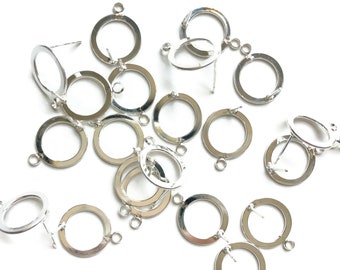 CLEARANCE 4 pcs - 18 mm Silver Circle Post- Silver Plated Brass Hoop Earring Post - Jewelry Findings Supplies - Round Circle Post - 1 Loop