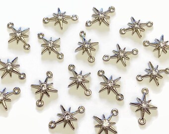 2 pcs+ 13 x 8.6 mm - Silver Star Charm - Silver Plated Brass Stone Star - North Star Star Burst Charm - Tiny Charm - 2 Loops