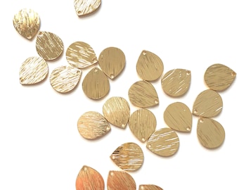 10-50  pcs 12 mm Gold Plated - Brass Textured Drop Coin Blank - Brass Drop Tag - Brass Teardrop Stamping Tag - Brass Cabochon Finding 1 Hole