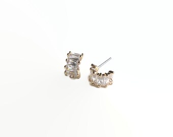 2 pcs 12 mm - Gold Baguette Stone Hoop Posts - Open Circle Crystal Brass Posts - 1 Loop