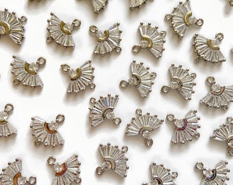 2 pcs+ 14 mm - Silver Paved Fan Burst Charm - Silver Plated Brass - Fan Triangle Burst Charm - Jewelry Findings - 2 Loops