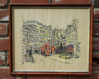 Vintage Original Illustration Art Ink Watercolor Piccadilly Circus London England 1968