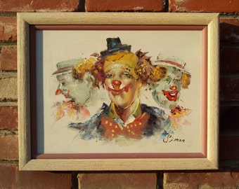 Vintage Original Oil On Canvas Painting Signed Simon Three Clowns