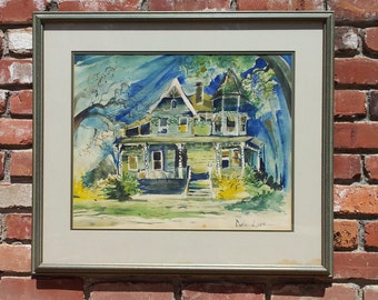 Vintage Original Watercolor Signed Dixie Lane Blue Victorian Country Home