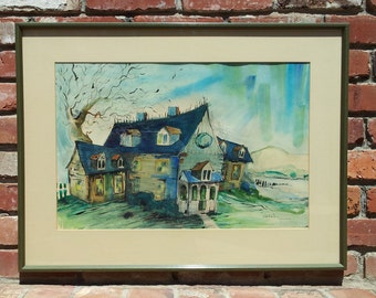Vintage Original Watercolor Signed Dixie Lane Blue Winter Farmhouse