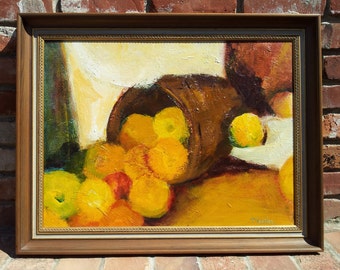 Vintage Still Life Table Top Fruit Titled (Ripe) Oil On Board Signed Fansler Cezanne Style