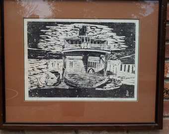 Vintage Wood Block Print Signed Issaqua 3 Of 70 Paddle Wheel Nautical Riverboat