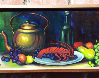 Vintage Original Still Life Oil Painting By V Dam Table Top Lobster