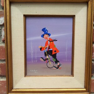 Original Oil Clown On Unicycle Signed Lilly Mara Italian Surreal Artist 1968 On Board