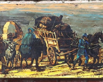 Vintage pintura al óleo original sobre lienzo firmado por F. Papaluca Stagecoach