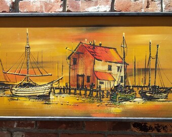 Vintage Production Art Circa 1960s By Fillini Shipyard Dusk Fishing Village