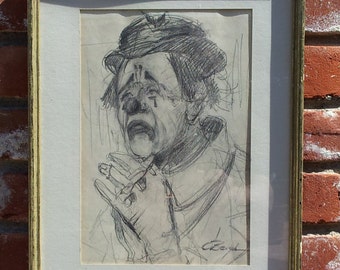 Vintage Original Sketch Portrait Of A Clown Pencil Drawing