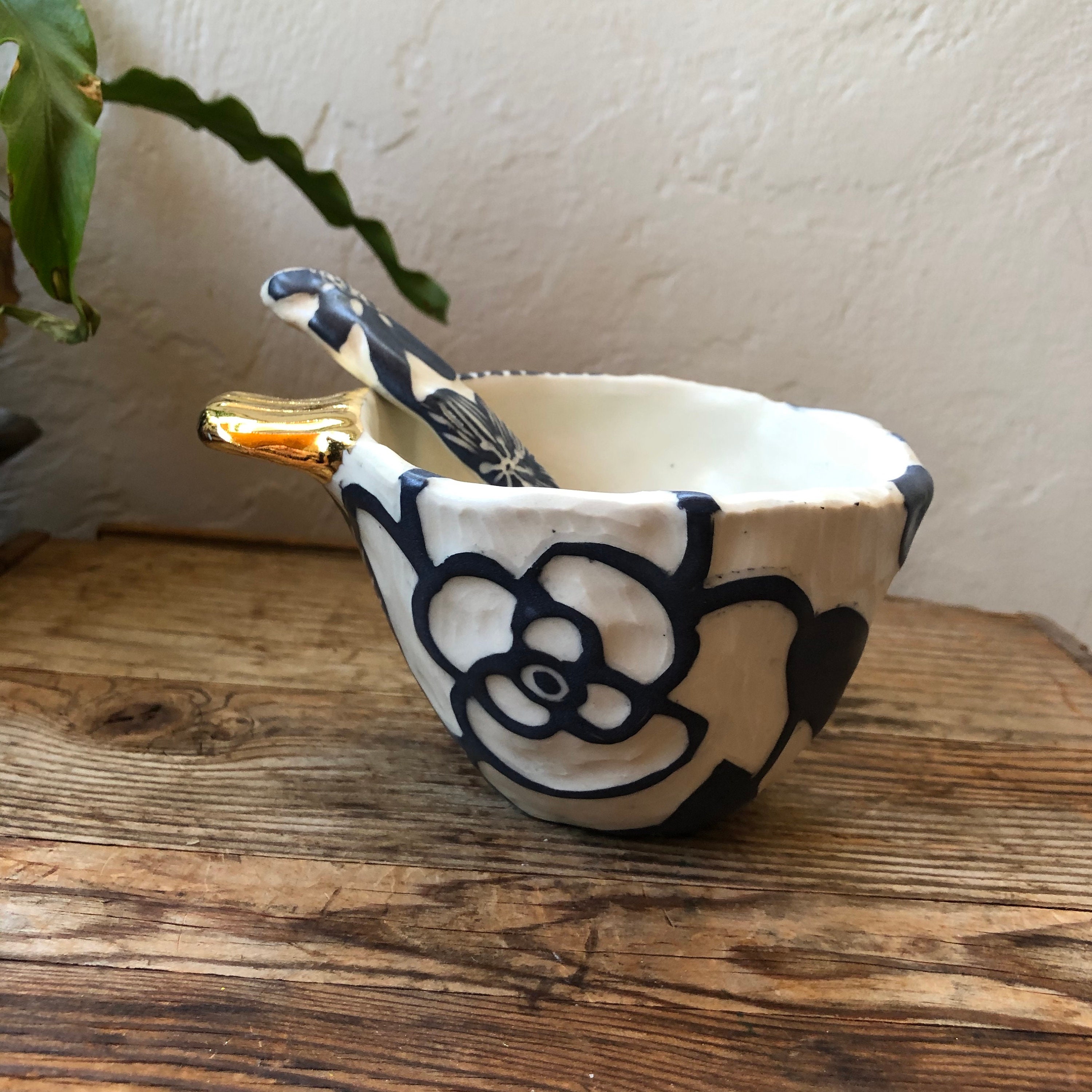 Floral Ice cream bowl with ceramic spoon