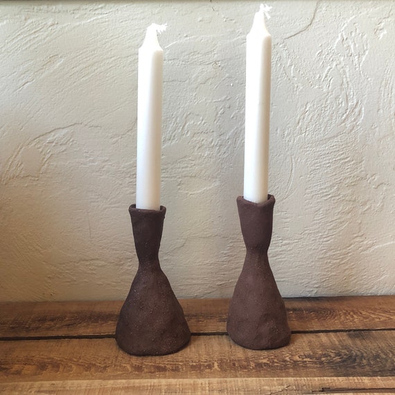 Set of Two Raw Clay Candlestick Holders #57
