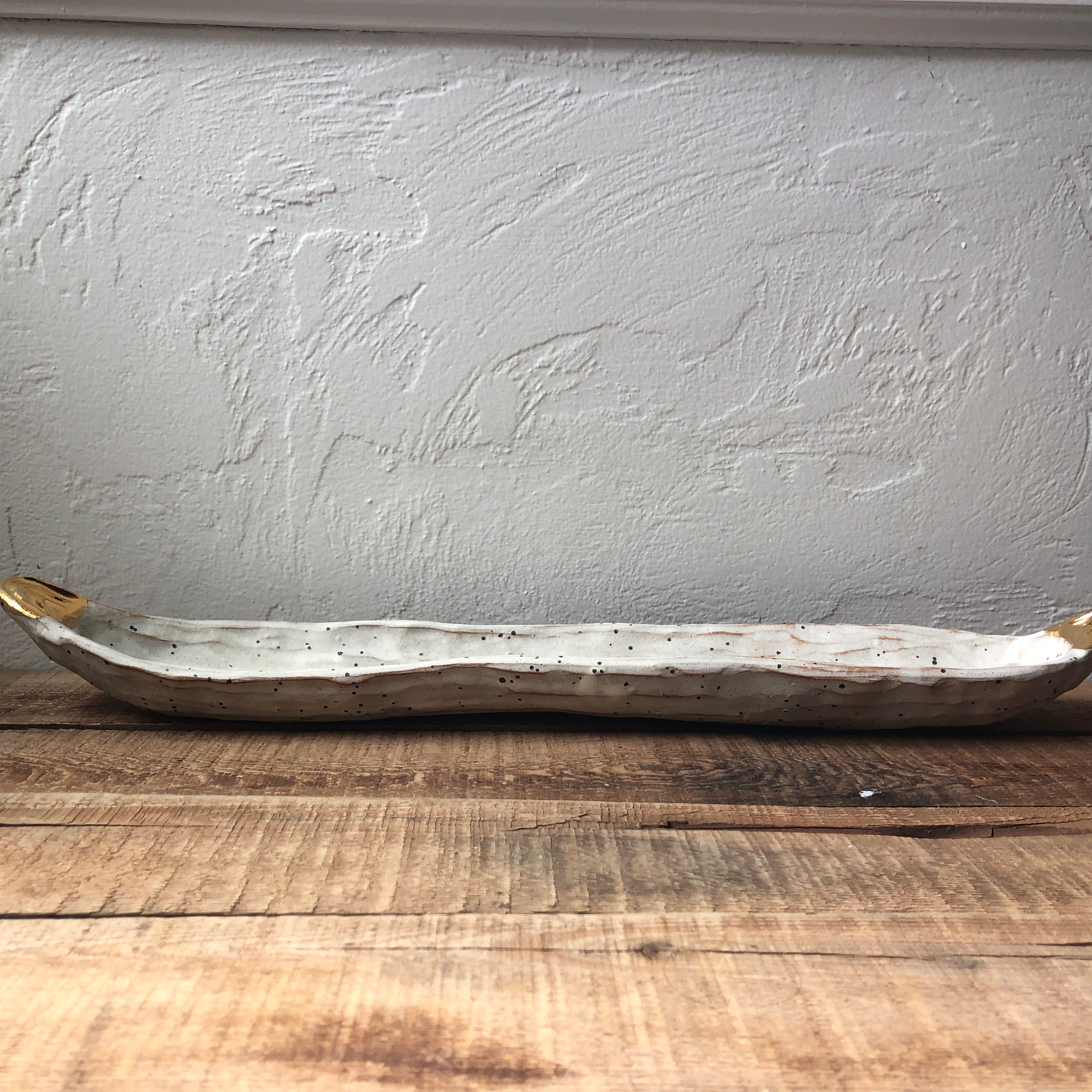 Long Speckled White Tray with 22K gold handles S
