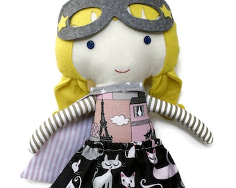 Superhero cat girl doll in supergirl costume, cat print skirt, cape and mask, role model for girls and catlovers, toddler gift for birthday