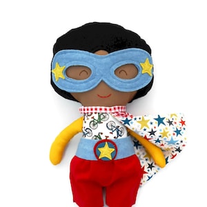 Black superhero doll, afroamerican fabric doll, genderneutral toy, doll with brown complexion, mixed kids toy, for superhero kids birthday