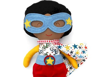 Black superhero doll, afroamerican fabric doll, genderneutral toy, doll with brown complexion, mixed kids toy, for superhero kids birthday
