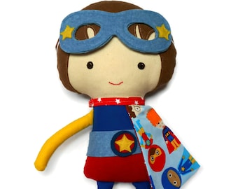 Superhero boy doll, with superhero mask and super hero cape and belt, fabric doll for boys, toddler gift toy, custom handmade stuffed doll