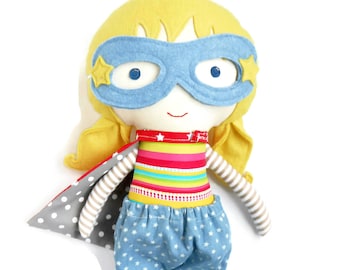 Superhero girl rag doll with superhero mask and cape, fabric doll gift for toddlers, ideal toy gift for kids for superhero birtday