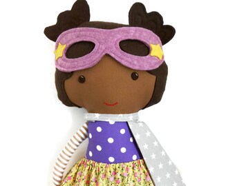 African-american black superhero girl rag doll, black lives matter, superhero mask and cape as a gift for mixed kids for superhero girl