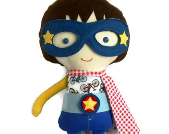RAG DOLL superhero boy doll toy with cape toddler gift action figure for super hero birthday, marvel inspired for children