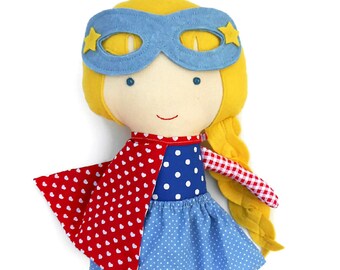 CLOTH DOLL superhero girl doll in nautical look, toddler girl gift cape & mask for super hero birthday party handmade dolls custom kids gift