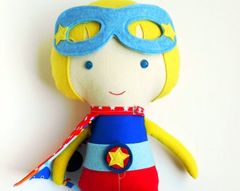 Super hero blond boy doll, superhero doll can be personalized, gift for kids, toddlers or preschoolers gift, with superhero mask and cape