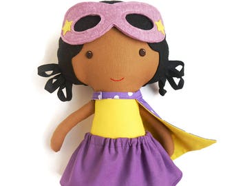 Black superhero girl doll with supergirl costume with superhero cape and mask, african american doll for, black lives matter, black kids