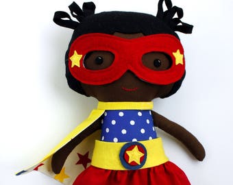 Elevate Her Imagination: Bespoke Afro Superhero Girl Rag Doll by La Loba Studio