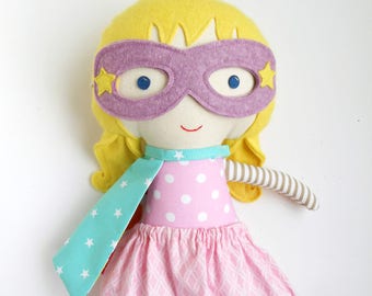 Superhero girl rag doll with superhero mask and cape, fabric doll gift for toddlers, ideal toy gift for kids for superhero birtday