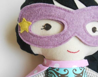 Asian wonder girl rag doll with supergirl costume cape and  superhero mask, asian doll as kids toy, anime action figure doll, soft toy dolls