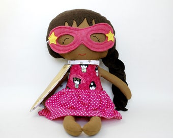 Asian wonder girl rag doll with supergirl costume cape and  superhero mask, asian doll as kids toy, anime action figure doll, soft toy dolls