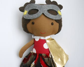 Superhero girl black doll, birthday gift for toddlers and kids, african american fabric doll in superhero look with mask and cape, kids toy