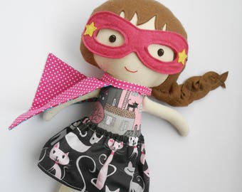 Superhero cat girl doll in supergirl costume, cat print skirt, cape and mask, role model for girls and catlovers, toddler gift for birthday