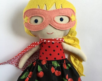 Rockabilly Superhero Girl Doll – Handmade with Cherry Print Skirt, Mask, and Cape